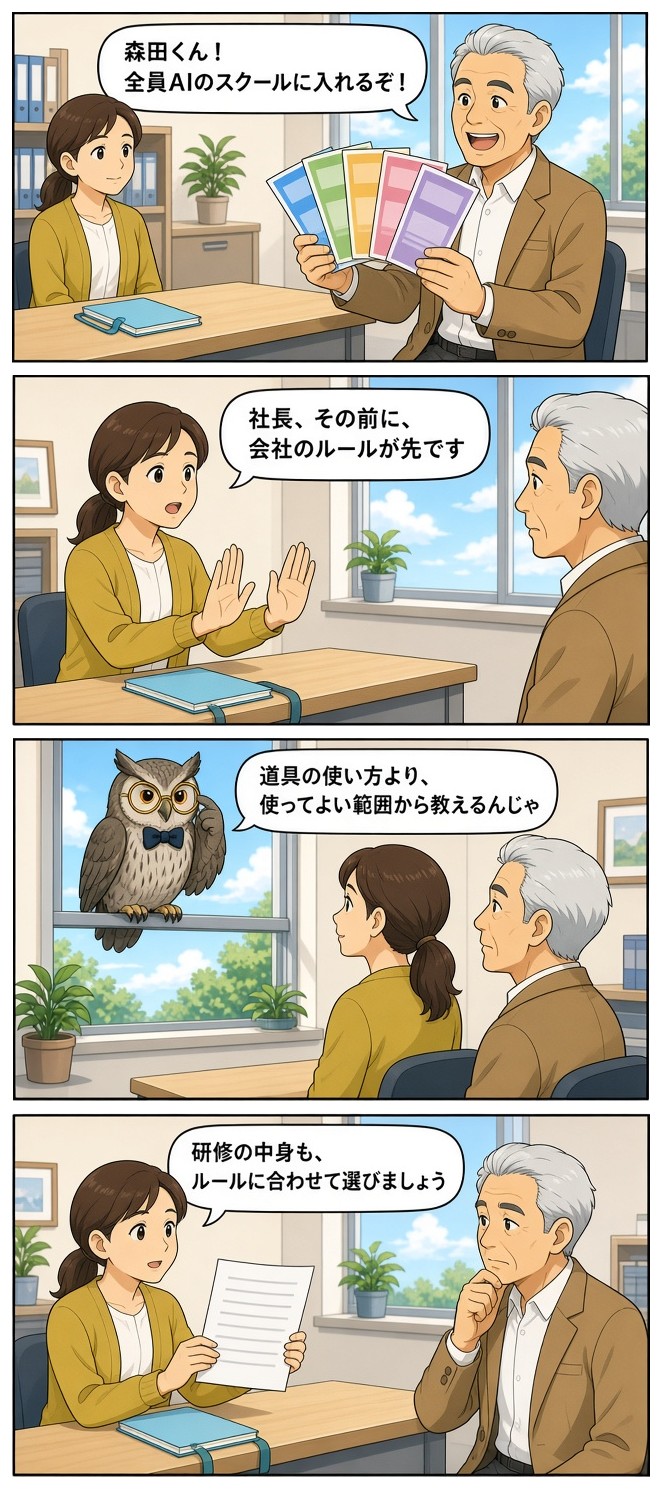 漫画『ミナト精密のAI係』「全員スクールに入れるぞ」